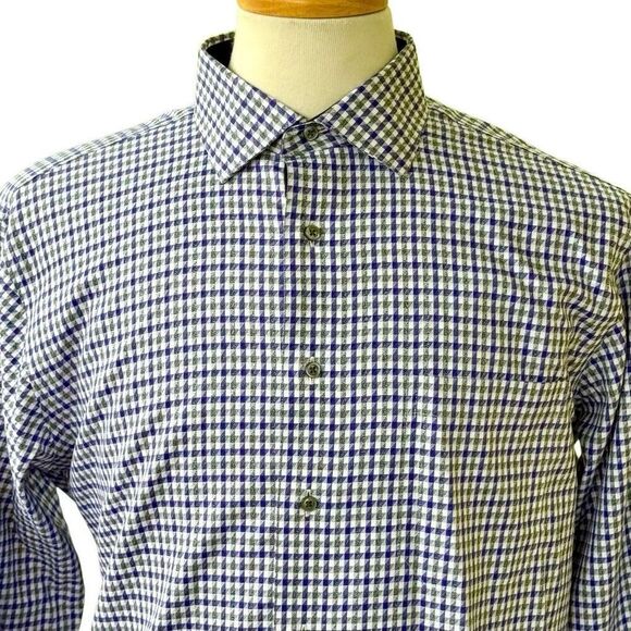 Paul Fredrick Purple/Gray Check Tailored Fit 2 Ply Cotton Dress Shirt. Size 16. - Picture 1 of 8